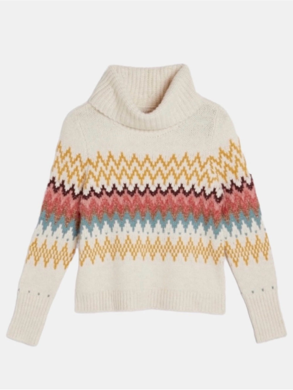 Loft Fair Isle Cream Multi Fluffy Cowl Neck Turtleneck Sweater